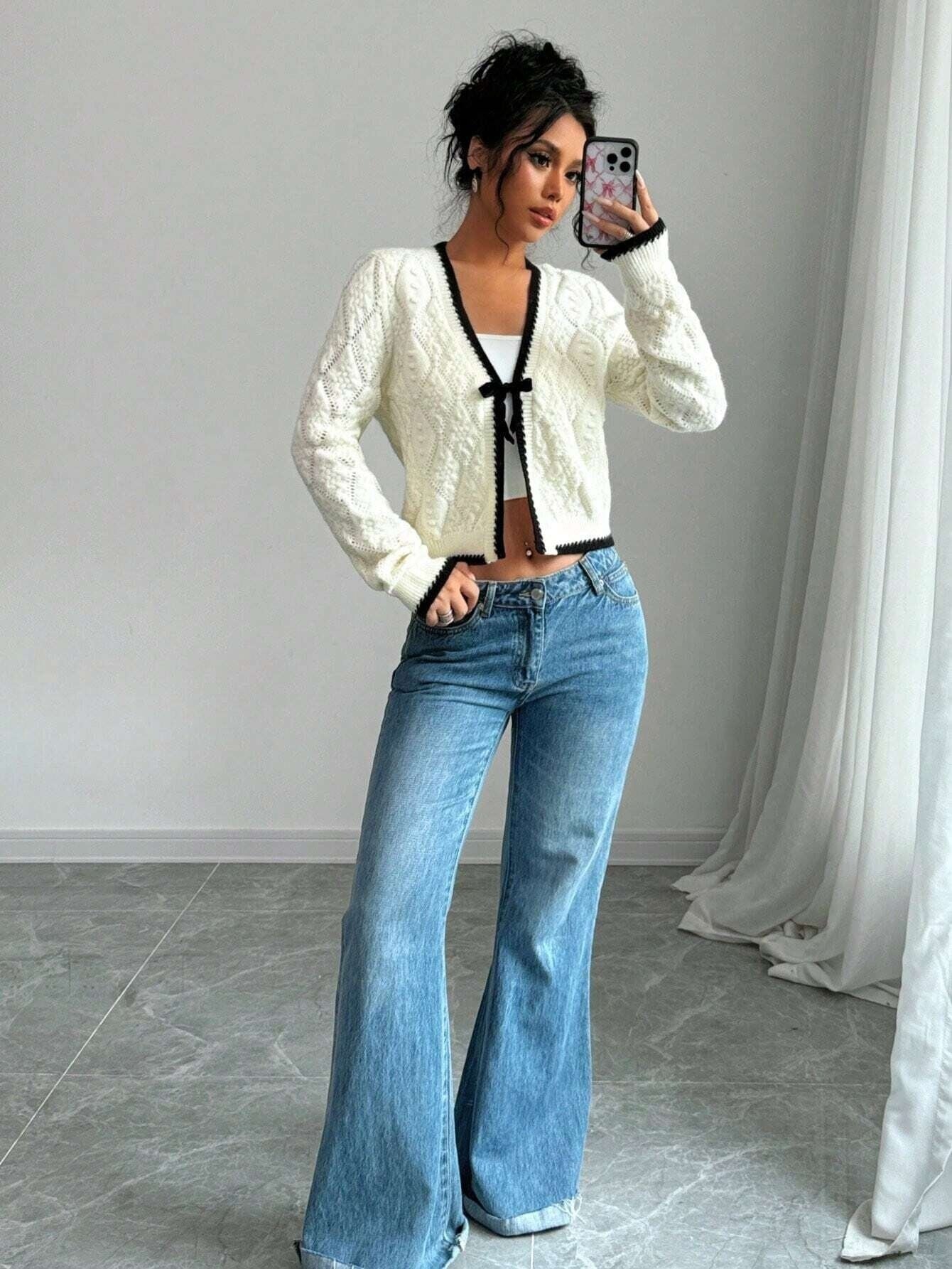 Lässige Damen-Strickjacke mit V-Ausschnitt und eleganter Schleifendetail – Stilvoll und vielseitig