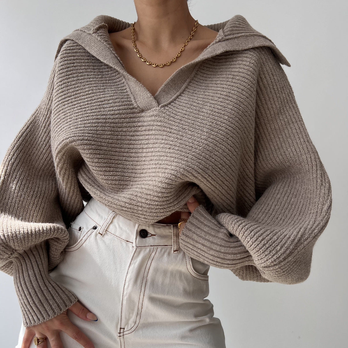 Eleganter Damen-Strickpullover mit Reverskragen – Perfekt für Frühling & Herbst