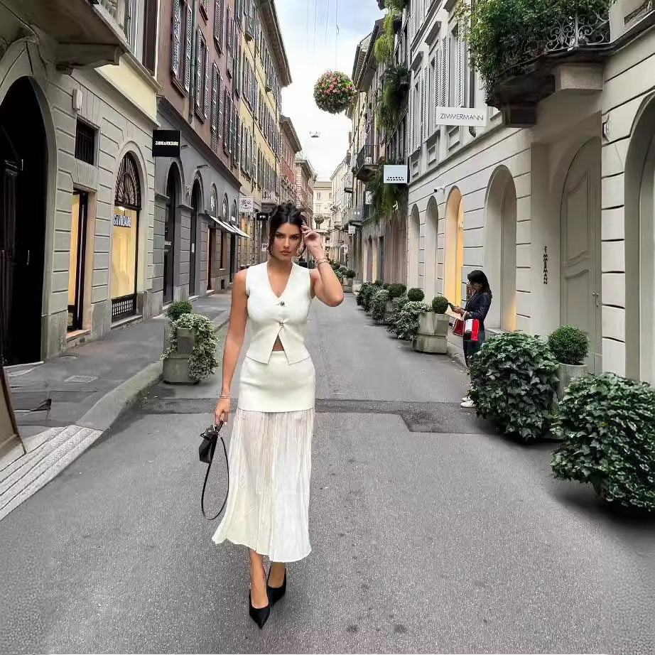 Elegantes Damen-Set aus Gestrickter Weste & Langem Rock – Stilvoll & Bequem