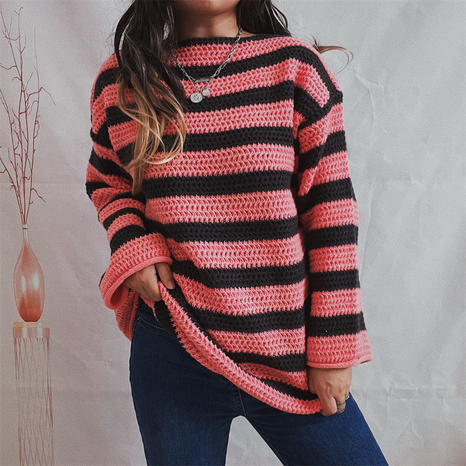 Gestreifter Damen-Langarmpullover mit Schulterfreiem Design – Lässig & Stilvoll