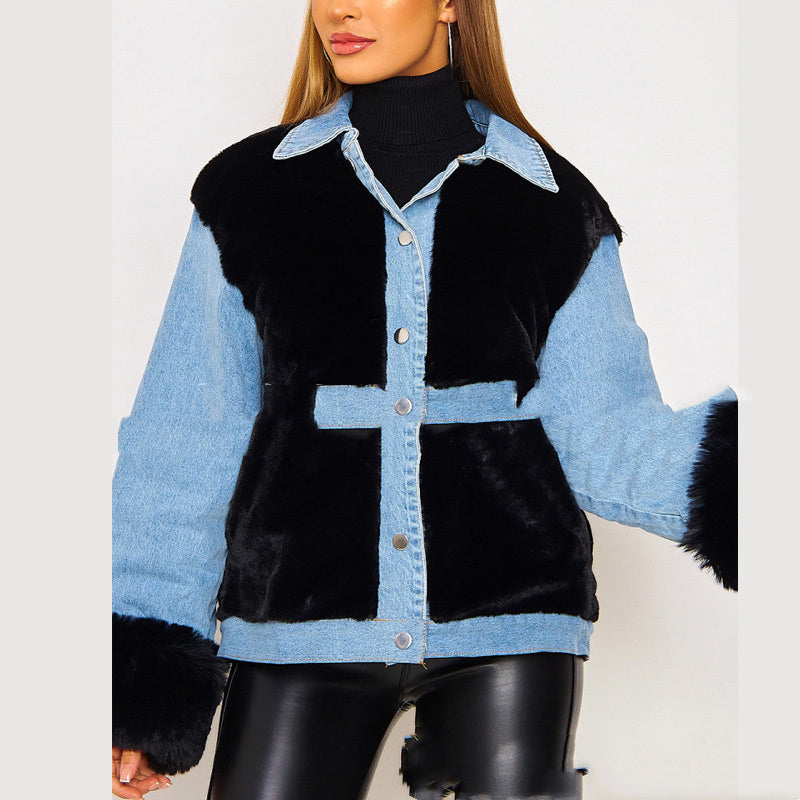 Kuschelige Plüsch-Denim-Jacke – Warmer Herbst- und Wintermantel mit Stilvollen Nähten