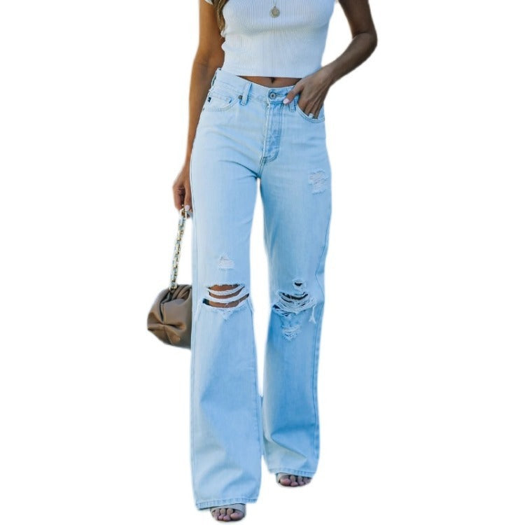 Trendige Damen-Denim-Hose mit Weitem Bein – Gewaschene, Zerrissene Casual-Jeans im Außenhandels-Stil
