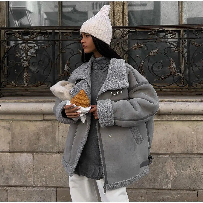 Stylischer Einteiliger Lammwollmantel mit Baumwollfutter – Street-Lokomotiven-Look & Design-Nähte