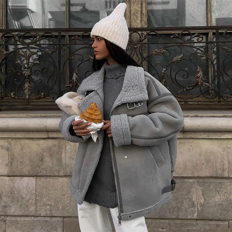 Stylischer Einteiliger Lammwollmantel mit Baumwollfutter – Street-Lokomotiven-Look & Design-Nähte