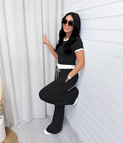 Modischer Damen-Sportanzug mit Rundhals & Kontrastfarben – Lässiger Look mit Weitem Bein